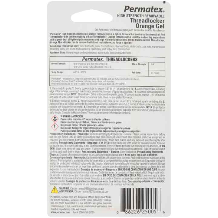 Permatex® High Strength Removable Threadlocker Orange Gel, 5 G – Permatex